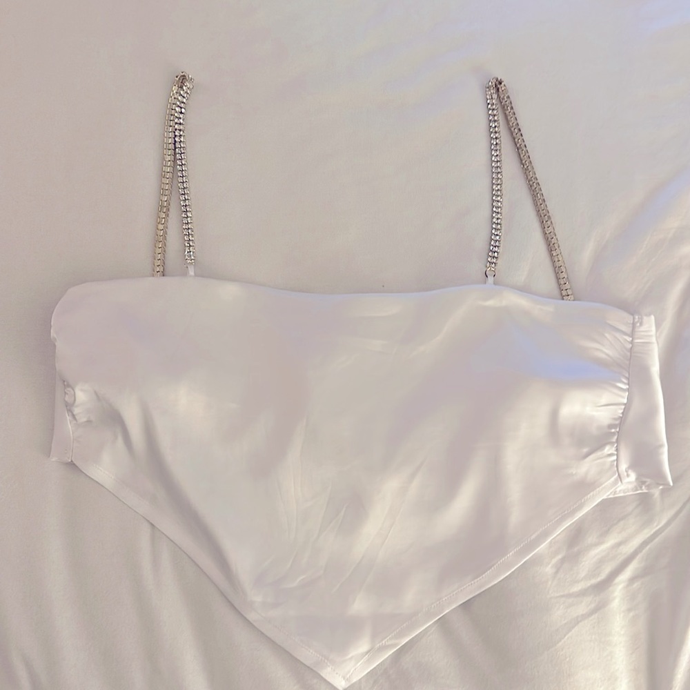 Windsor White Satin Crop Top with Rhinestone Straps (Size: XS/S)